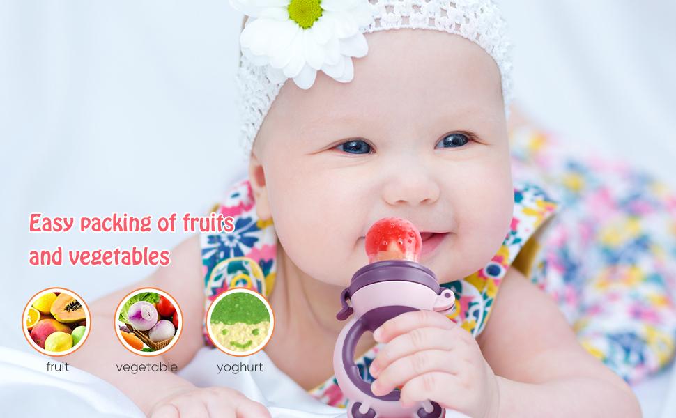 Baby Solids/Frozen Fruit Feeder Pacifier, Infant Teether Toy 4M+, BPA-Free Silicone Pouch & Nipple, Safely Introduce Solids, Teething Relief, 2-Pack