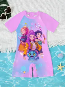 Girls' Summer One-Piece Swimsuit, Dreamy Nebula Cute Cat Magic Girl Print, Short Sleeve Beach Sun Protection, Perfect for Vacation Swimming