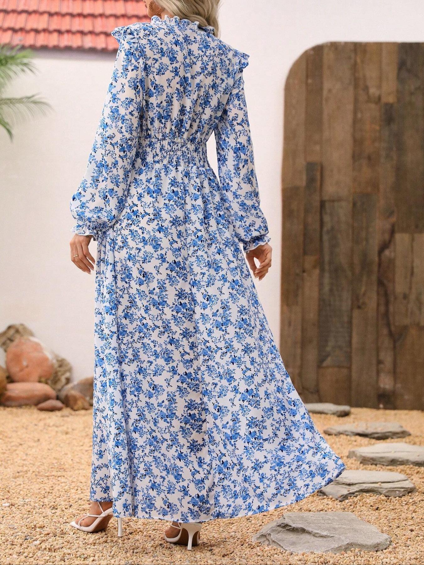 Women's Floral Print Self-Belted Neck Dress, Spring & Fall Long Sleeve A-Line Maxi Skirt, Boho Elegance Style, Slimming Set