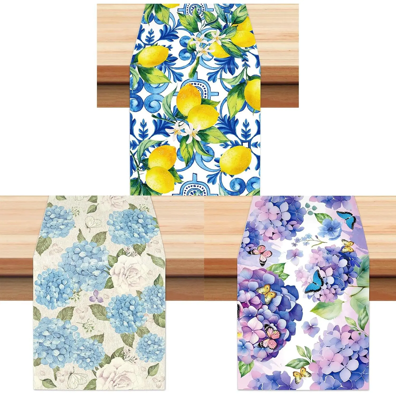 6 count Disposable Plastic  & Blue Hydrangea Themed Table Runners 3 Distinct Burlap Style  Designs 14 x 108 Inches Colorful Table Decor for Summer Party Wedding Brunch Picnic  Dining
