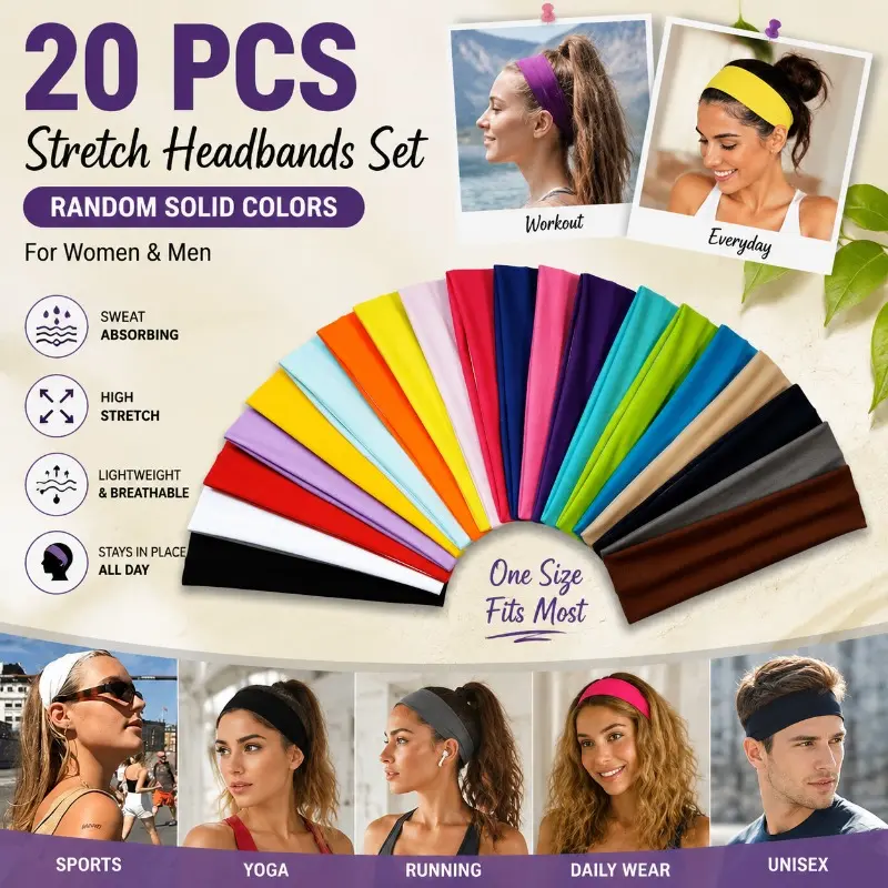 20-Pcs Random Solid Color Stretch Fabric Headbands Set for Women - Athletic Sport Wide Non-Slip Sweat-Absorbing Elastic Head Wraps, Gym & Run Fitness Hair Accessories, 1 Size Fits Universal Fit Everyday Wear, Sporty Sports Headbands