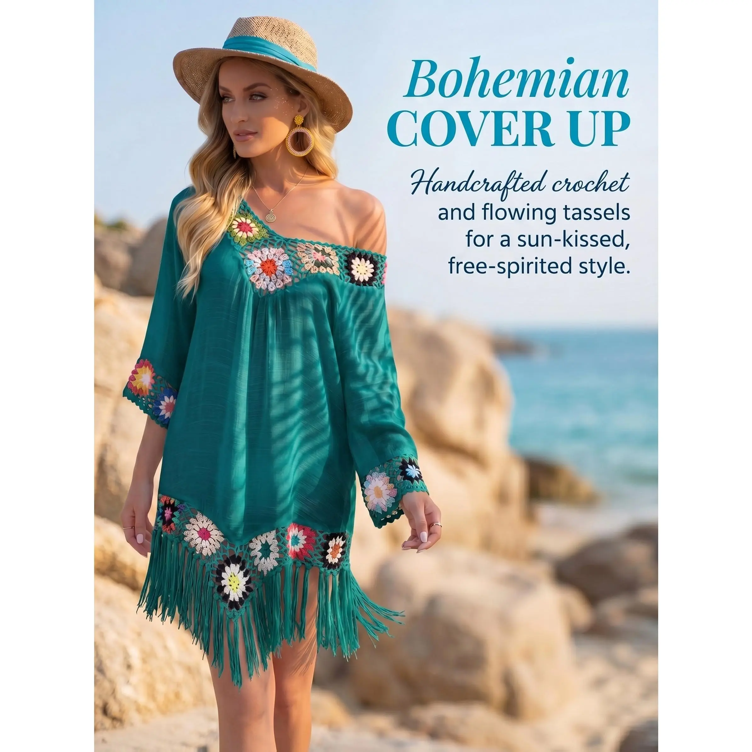 New Seven-Quarter Sleeve Crochet Patchwork Fringe Beach Dress