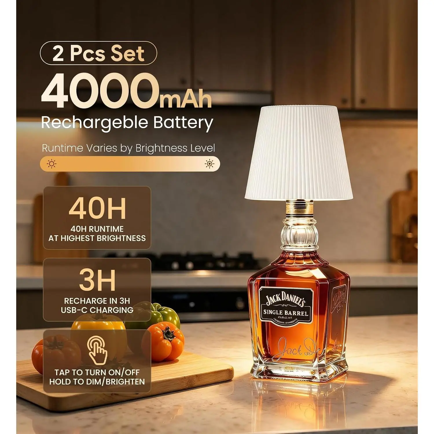 XEITIN 2-Pieces LED Lamp Wine Bottle Decoration - 3-Color Changeable, 4000mAh Wireless Rechargeable Cordless ABS Plastic Light with Matte Shade, Ambient Glow Home Decor for Bars, Restaurants, Wireless Charge