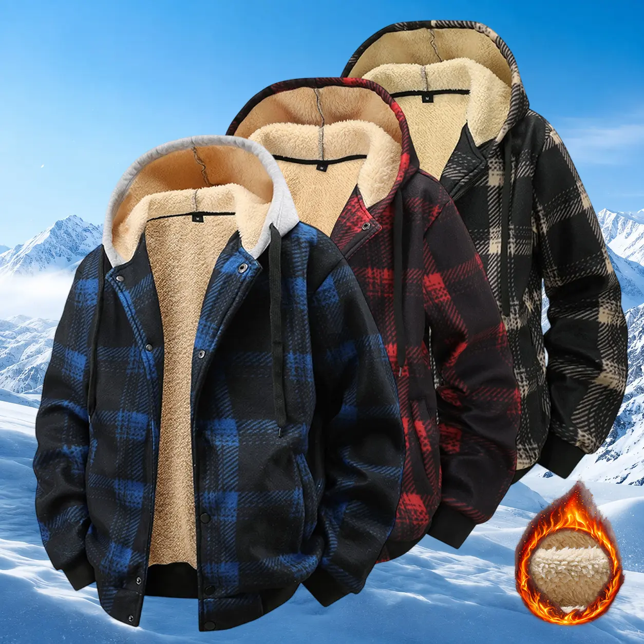 Men's Plaid Hooded Jacket Sherpa Fleece Lined Zip Up Coat Vintage Lumberjack Flannel Warm Casual Sportswear Outerwear cozy soft cool clean chic active sporty premium classic stylish durable trendy relaxed comfy modern vibe urban fresh hype Multi-Color