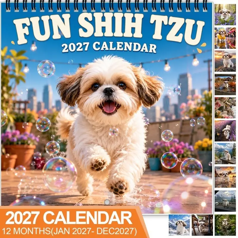 2027 Fun Shih Tzu Wall Calendar, 12-month dog ** calendar with large size writable date grid, the pattern is the cute performance of the furry and playful Shih Tzu in outdoor and urban scenes, suitable for home office decoration and dog lovers gift