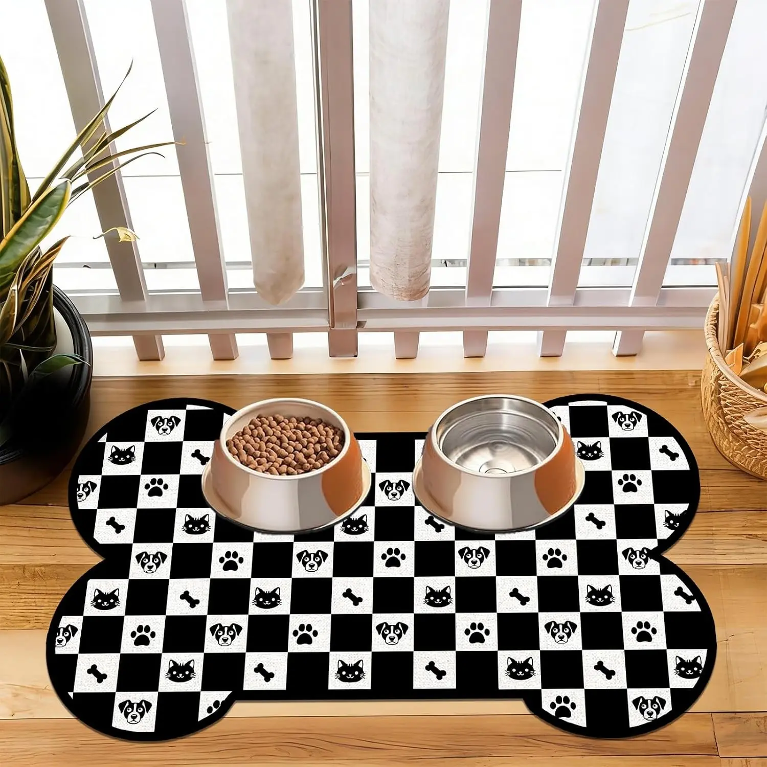 Absorbent Bone Shaped Dog Cat Food Mat Non Slip Cute Footprint Placemats Feeding Mat for Food and Water for Floors Puppy Pet Accessories Supplies 12"x20" Black White