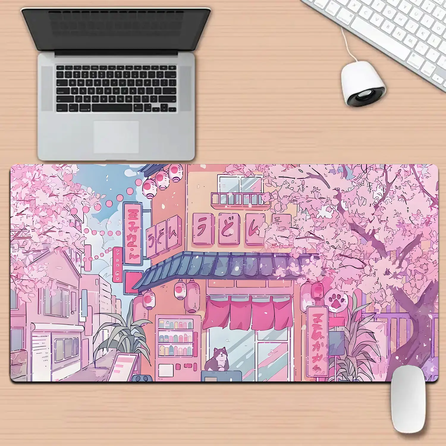 Cute Cat Cafe Gaming Mouse Pad, Sakura Design, Non-Slip Rubber Base, Silicone Mud Material, Ideal for PC Games, Home Office, Tech Enthusiasts, Mouse Pad for Laptop, Non Slip Mousepad