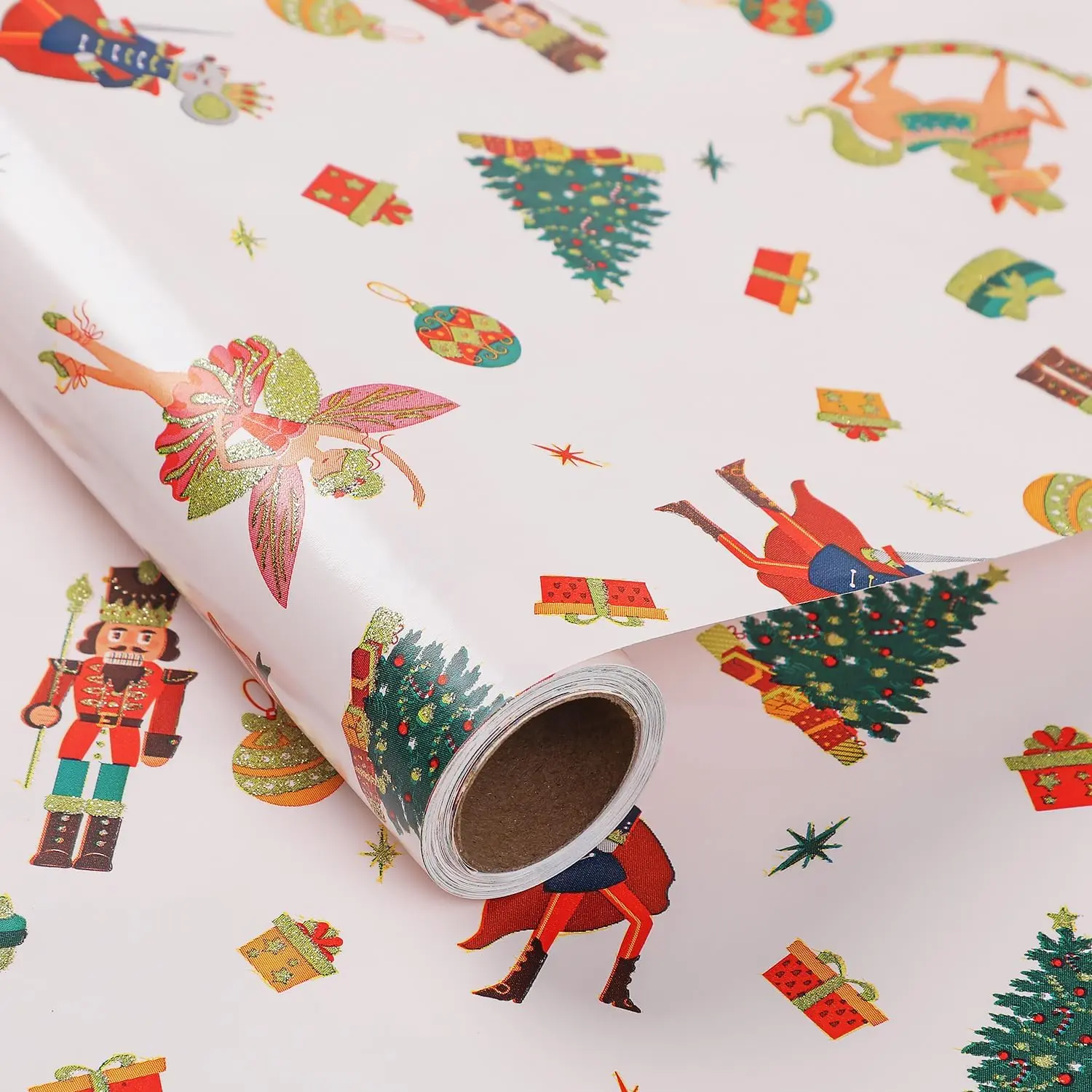 Christmas Glitter Print Wrapping Paper Roll - 17in x 20ft, Nutcracker & Fairy Design - Office Stationery for Holiday Presents, Modern
