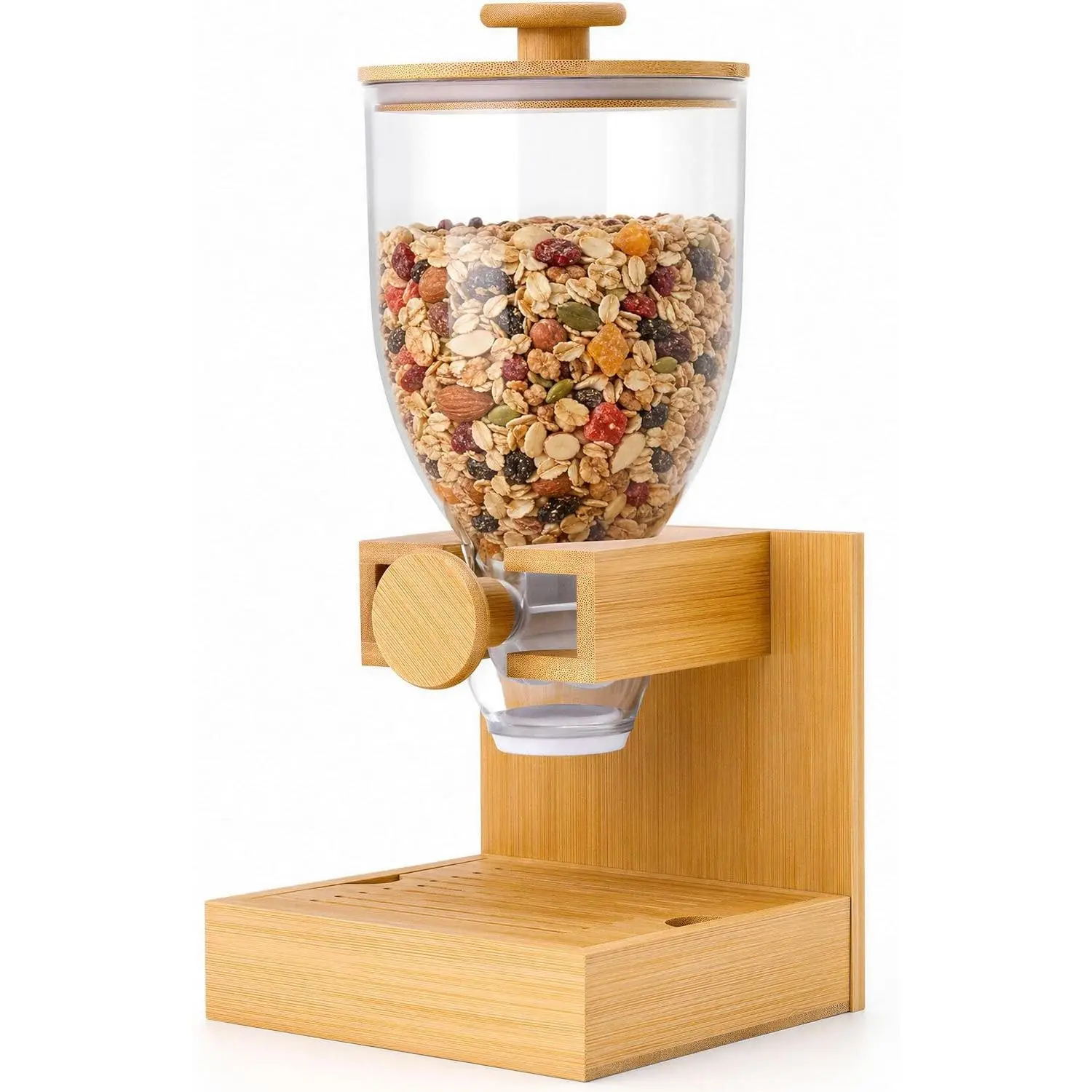 Bamboo Cereal Dispenser Countertop, 2L Airtight Single Pack | Cereal Containers Storage with Stable Base, Rotary Dry Food Dispenser for Cereal, Rice, Nuts, Kitchen Pantry Organization