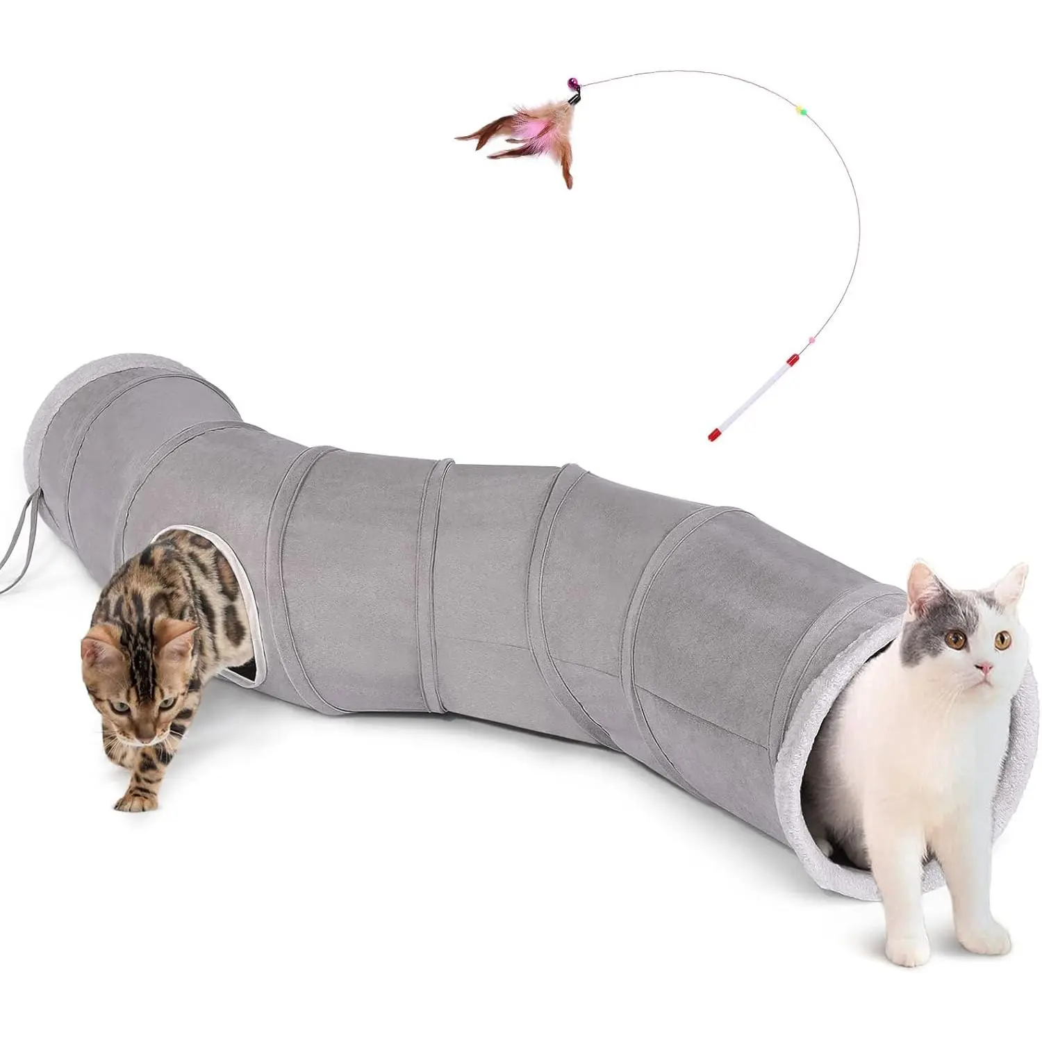 S-Shape  Tunnel  48"L x 10"D, for Cats, Puppies & Small Pets | Collapsible for storage, -resistant oxford fabric, connects to other tunnel, with peek hole,  wand, indoor/outdoor