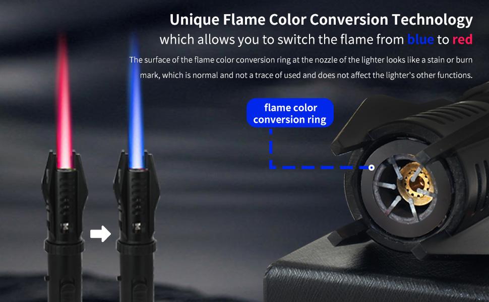 Torch Lighter, Bright Fire Lighter with Safety Lock and Adjustable Red/Blue Flame, Refillable Butane Gas Windproof Jet Flame Cool Lighters, for Candles Campfires BBQ Baking, Camping, Gift(Butane Gas Not Included)