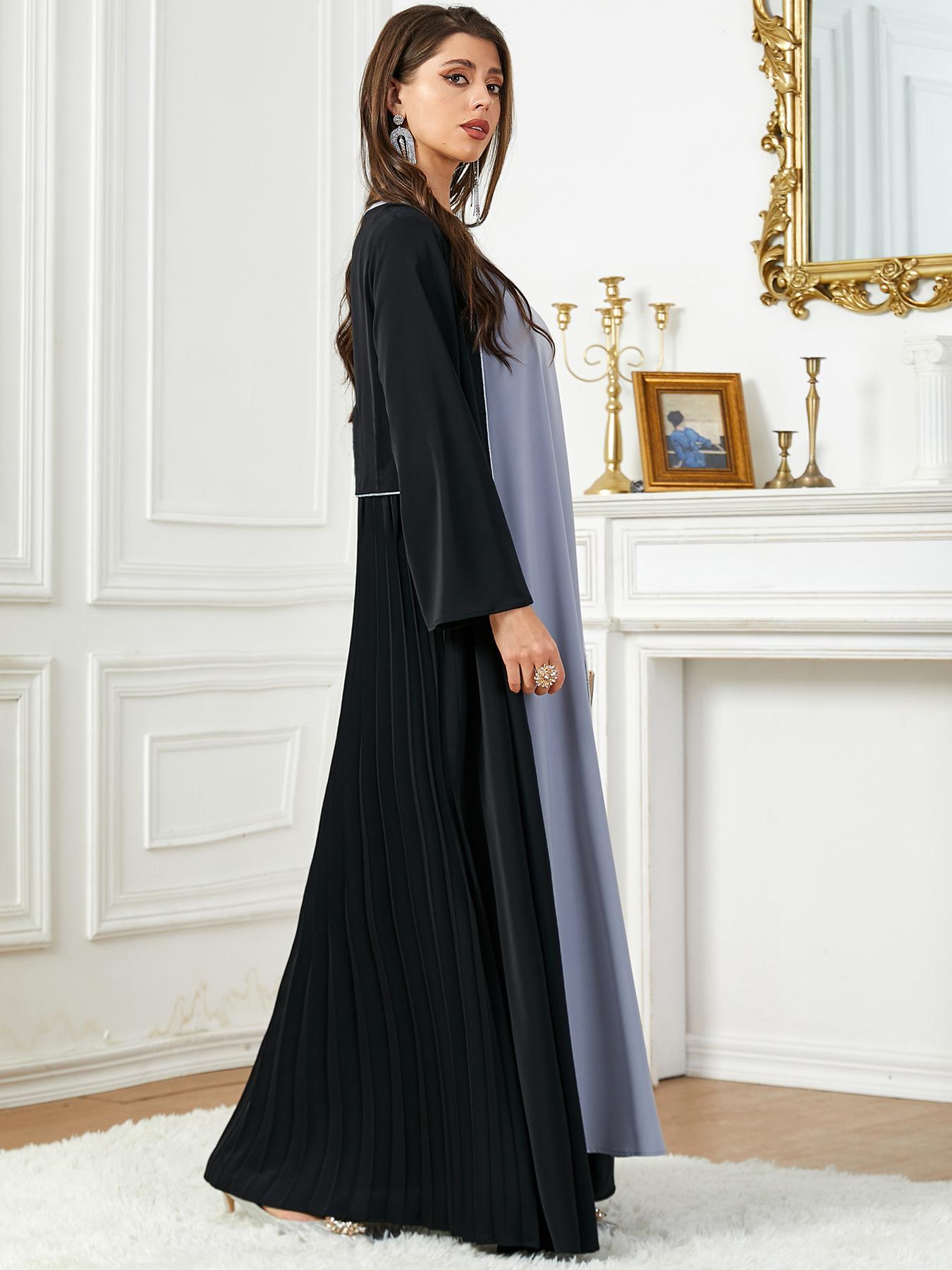 Women's Floral Embroidery Faux Pearl Decor Pleated Kimono Sleeve Abaya, Elegant Long Sleeve Open Front Abaya for Daily Wear, Ladies Islamic Clothing for All Seasons, Modesty Muslim Clothing, Floral Embellished Abaya