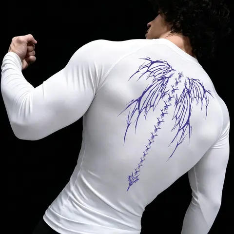 Men's Skeleton Wing Print Long Sleeve Compression Shirt, Quick Drying Breathable Crew Neck Sports Tee T-Shirt, Sport & Outdoor Clothing for Gym Workout Running, Sports Training Shirt