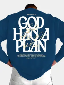 Oversized Crew Neck Sweatshirt, Back God Has A Plan Bible Verse Letter Print Soft Casual Christian Faith Streetwear Long Sleeve Top #FaithSweatshirt #BibleVerseTop #ChristianStreetwear #BackPrintSweat #TikTokMadeMeBuyIt