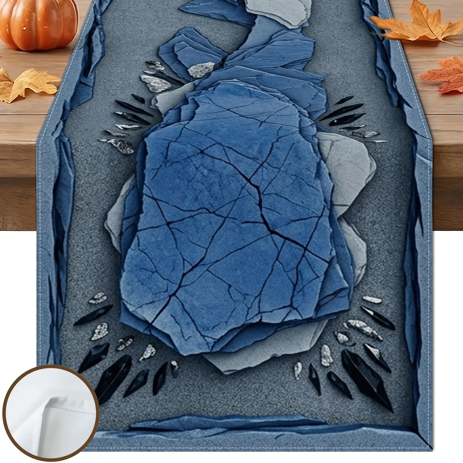 1pc Blue Stone Floral Table Runner, Rustic Style, Decorative Border and Cracked Stone Design, for Dining Table Kitchen Decor Home Decor Fall Decor