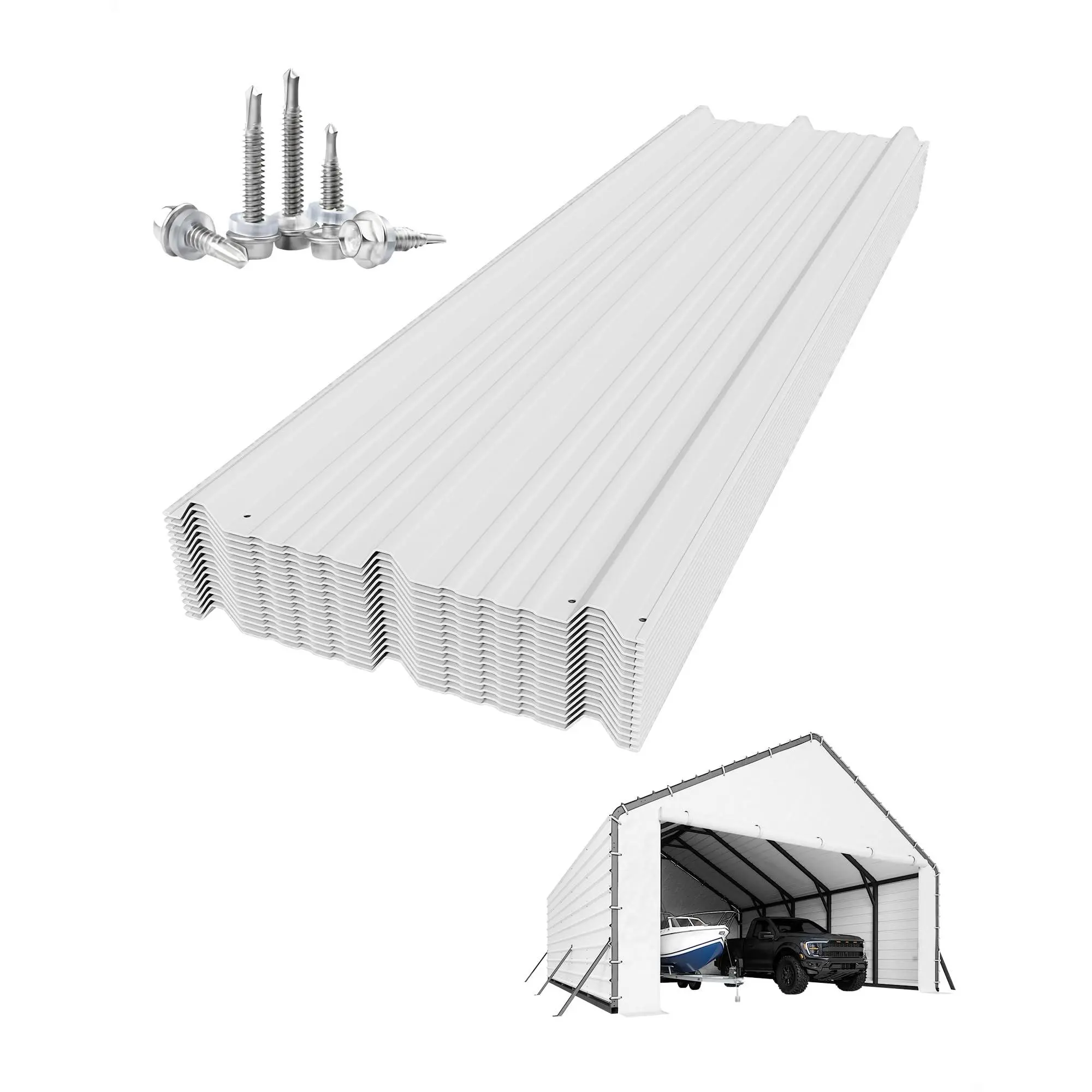 [Panels Only, No Tarpaulin And Frame] Metal Carport Roof Panels, Compatible with: 20x20ft, 20x25ft Heavy Duty Metal Carport Kits, No. 27 Galvanized Steel Rib Panels, 60.24'' X 19.7'', 16 Pieces, White