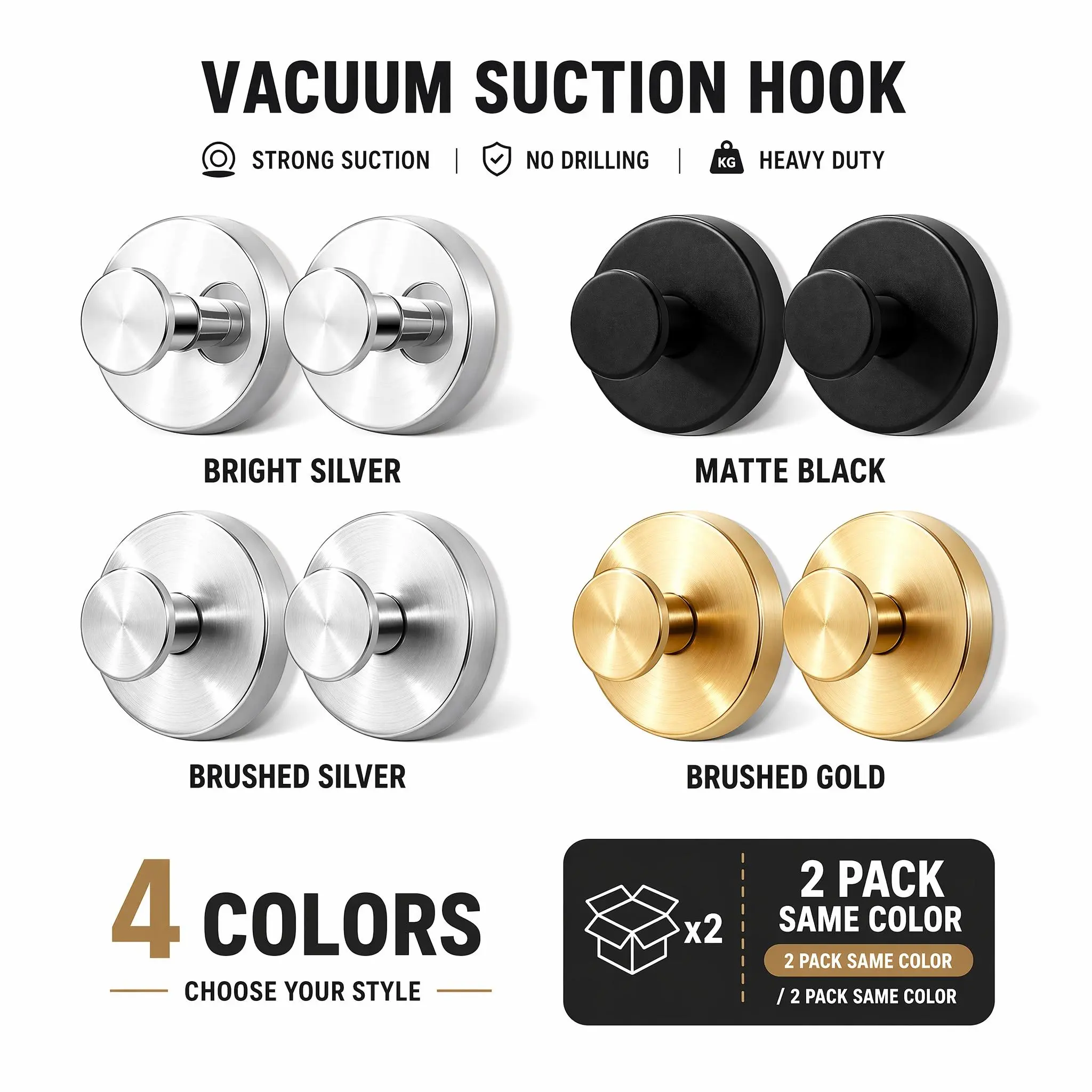 2-Pack Suction Cup Hooks for Shower, Removable Towel Hooks for Bathroom and Kitchen, No-Drill Hooks for Dorm room inspo, College dorm essentials, dorm haul, Glass, Mirrors, Tile and Smooth, Non-Porous Surfaces