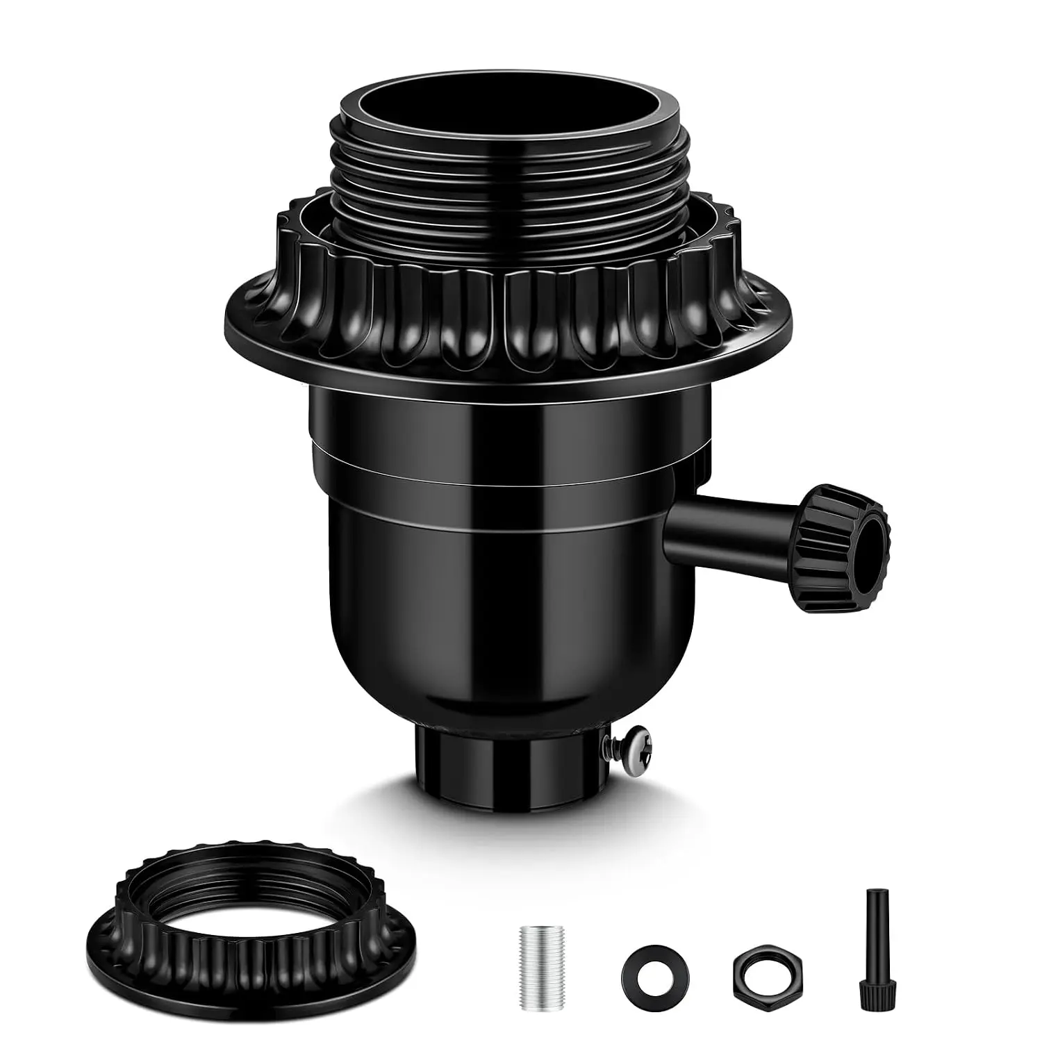 UL Listed E26 Light Socket ,with 2 Lamp Shade Rings,2 /Off Turn Knob Types (Short/Long),Other Repair . Fits Table Lamps, Floor Lamps and Light Fixtures,Black (1)