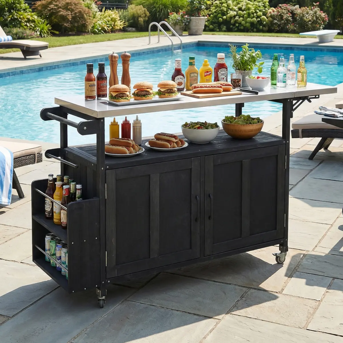 AobtkelFoldable Outdoor Kitchen Island Patio Mobile Kitchen Cart Portable Outdoor Cooking Island with Lockable Wheels, Storage Cabinet and Towel Rack for Patio and Outdoor, Black   WL RR
