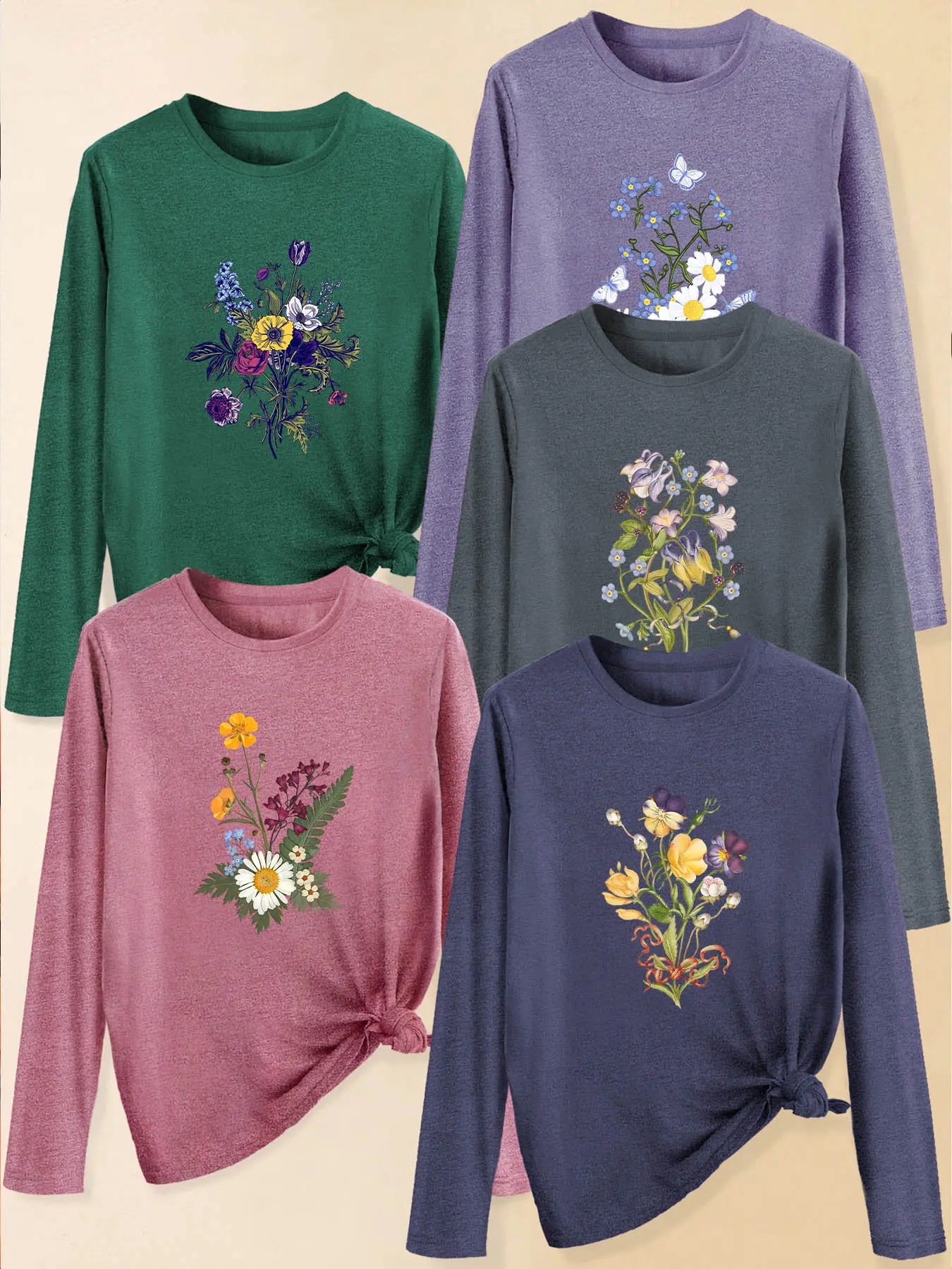 5Pcs Women Crew Neck Long Sleeve T-shirt, Mixed Wildflower Daisy Butterfly Fresh Forest Floral Print, Soft Washable Casual Five-piece Long Sleeve Set, Tops