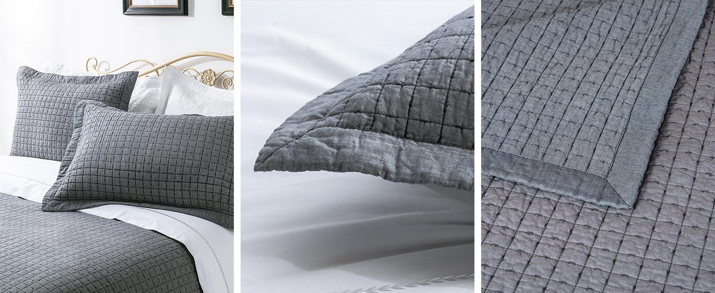 Cotton Yarn Dyed Chambray Cotton Fill - Lightweight Square Detailed Stitching Bedding, Queen Gray Color, 88" x 92"