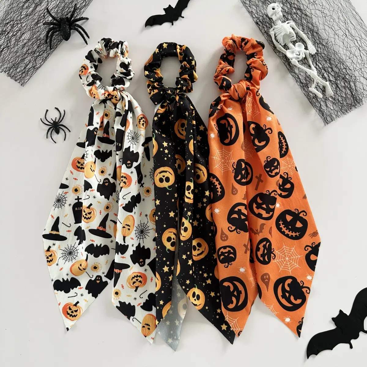 Funny Halloween Pumpkin Hair Accessory Ribbon Headband Satin Print Hair Ring Spooky Costume Accessory for Women Girls Party Dress Up Trick or Treat Festival Gift