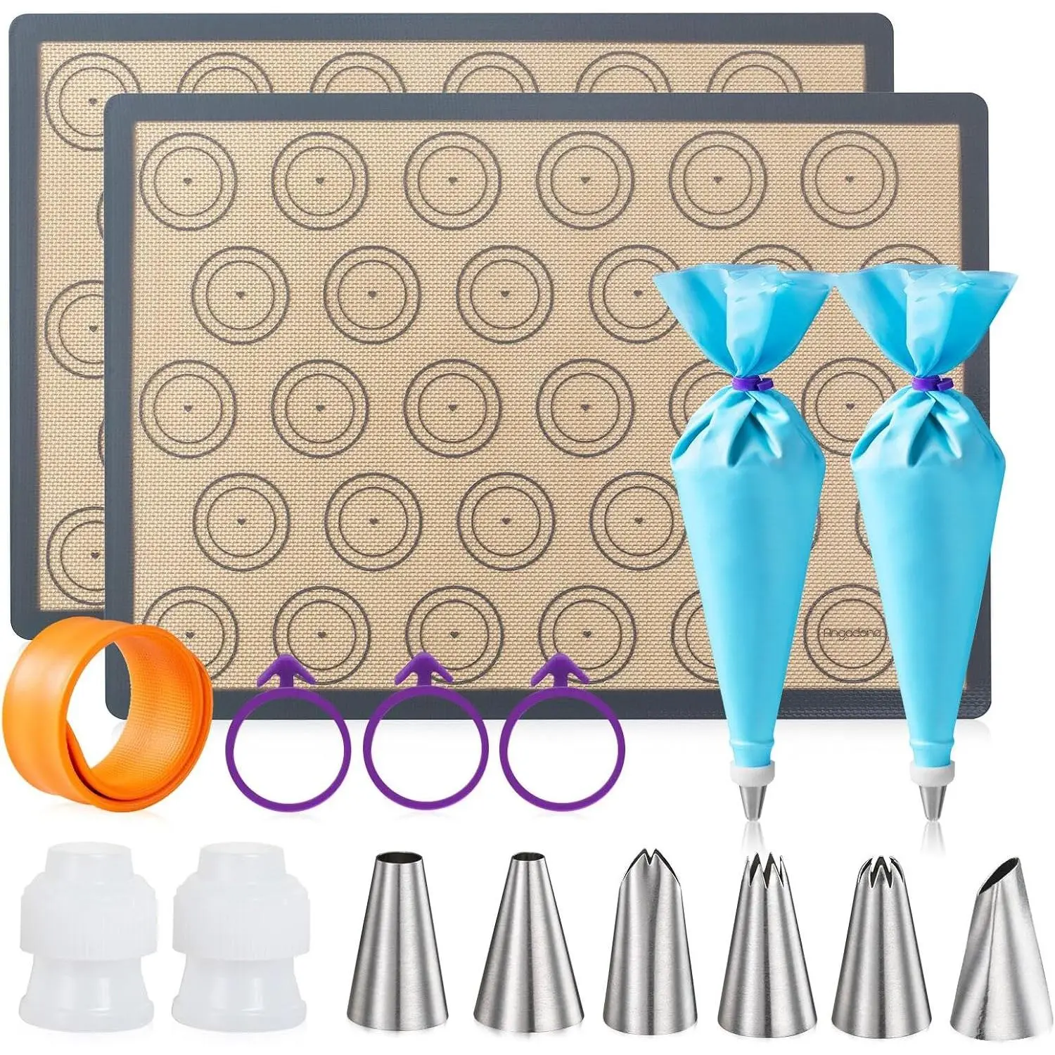 Macaron  Baking Mats Kit (16pcs set) Macaroon Baking Mat Set of 2 Half Sheet Macaron  Mat Nonstick Macaron Mat Sheet,6 Piping Tip,2 Piping Bag with 3 Bag Tie,2 coupler