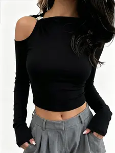 TikTok Viral Y2K Women Asymmetrical Cold Shoulder Long Sleeve Crop Top, Metal Ring Ruched Slim Fitted Basic Tee, Gothic Streetwear Club Night Out Daily Casual Blouse For Teen Ladies