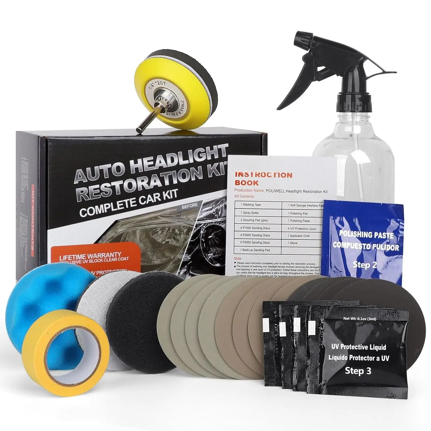 Headlight Restoration Kit 3 Easy Steps to Restore Sun Damaged Headlights Polish Headlights Lens Restore Cleaner DIY Polishing, Sanding Discs, Scouring Pads for Electric Drill,  24Pack