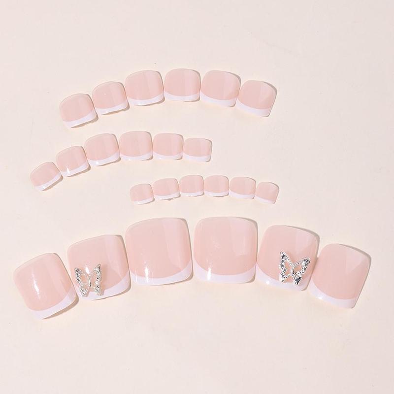 Colorblock 3D Rhinestone Butterfly Decor Press on Fake Toenail for Women & Girls Nail Art, 24pcs/set Fashion Press on Toenail & Tape & Toenail File, Nail Kit