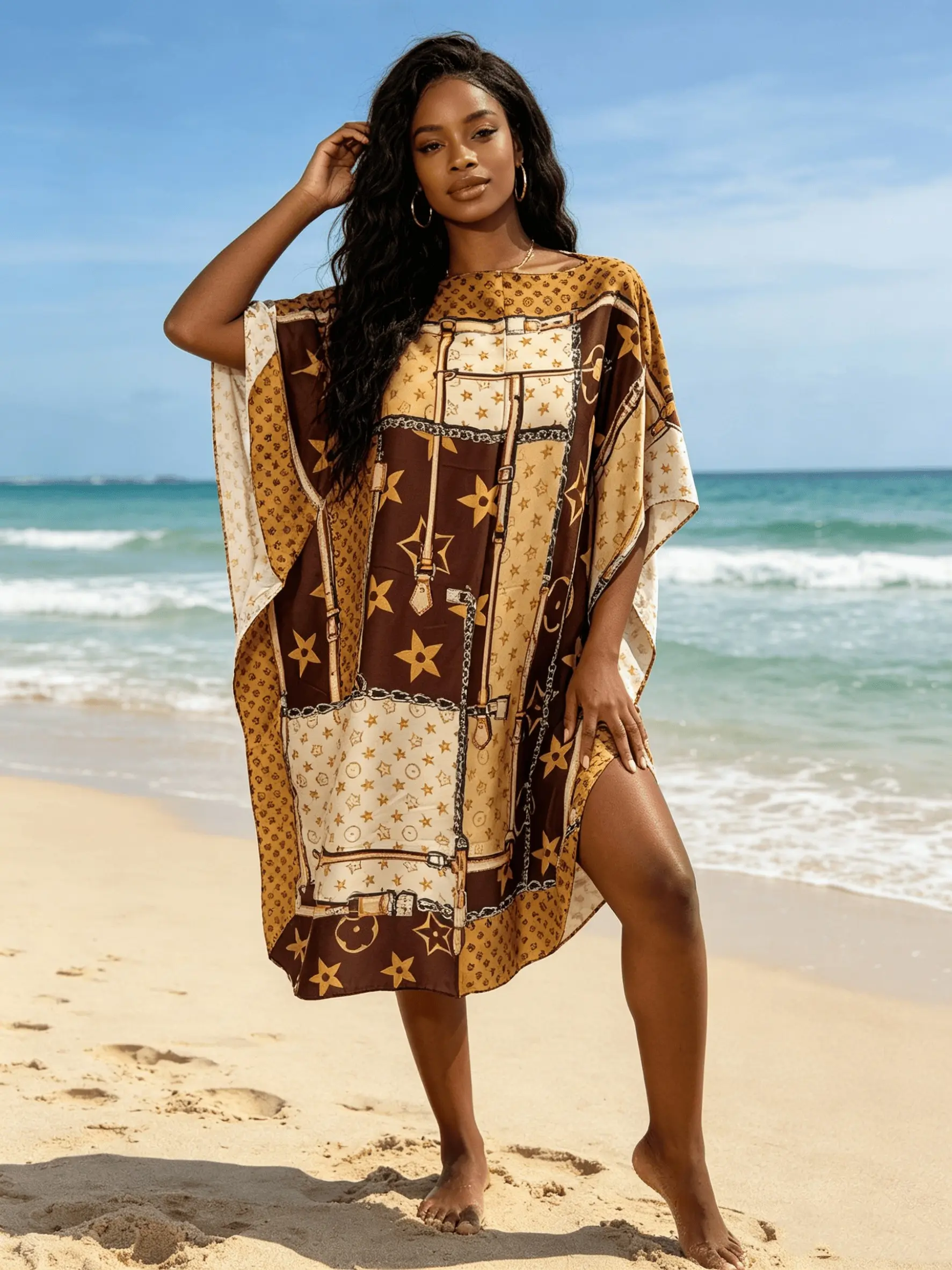 Women's Brown Star & Chain Patchwork Print Short Kaftan Cover Up, Silky Satin Loose Batwing Beach Tunic Dress, Plus Size Swim Cover-Up for Resort Pool Vacation