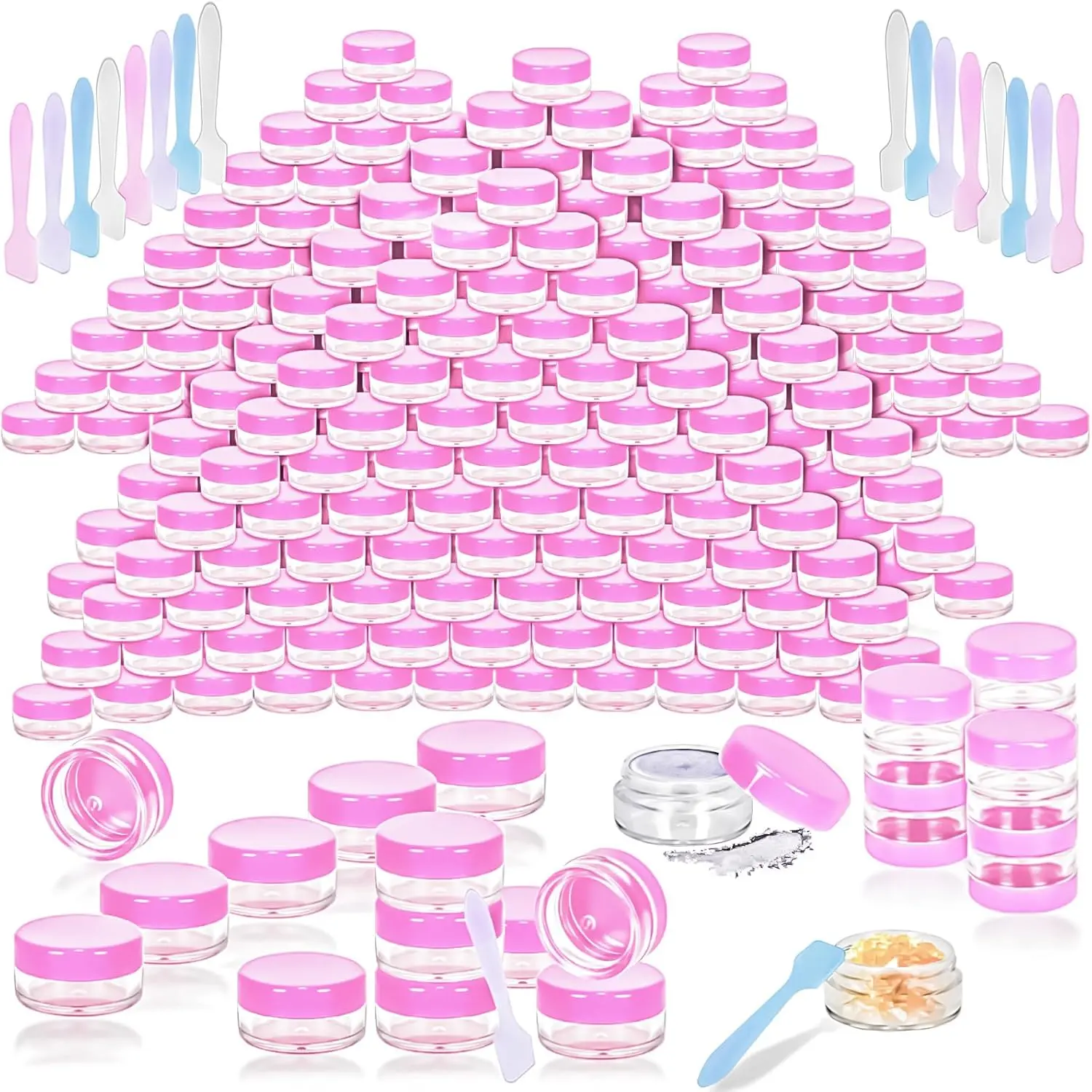100 count 5g Empty Plastic Containers with  ,Mini Makeup Sample Containers, Small Sample Pot Jars Round  Jars with Mini Spatulas for Liquid Sample