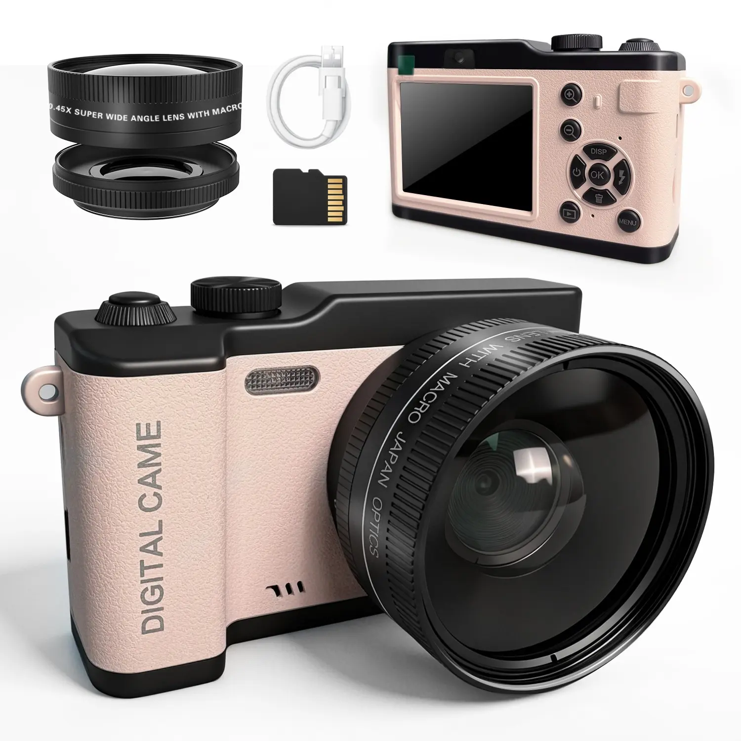 Digital Camera with Detachable Wide-Angle Lens, Includes Camera Bag and Storage Card, Ideal Gift for Photography Beginners