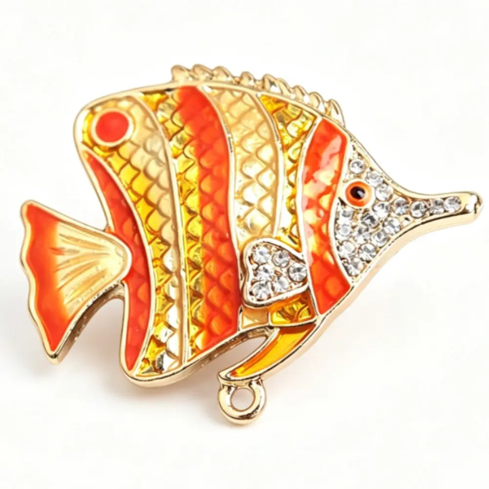 Orange Yellow Stripe Enamel Tropical Fish Brooch Unisex Clear Rhinestone Lapel Pin Gift