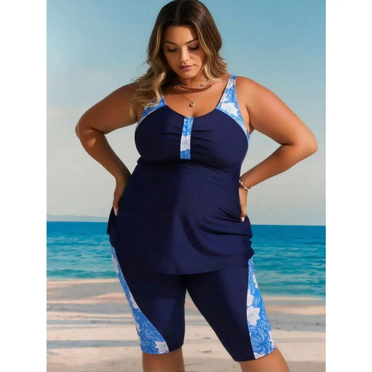 Plus Size Navy Blue Floral Print Panel Tankini Set With Knee Length Shorts