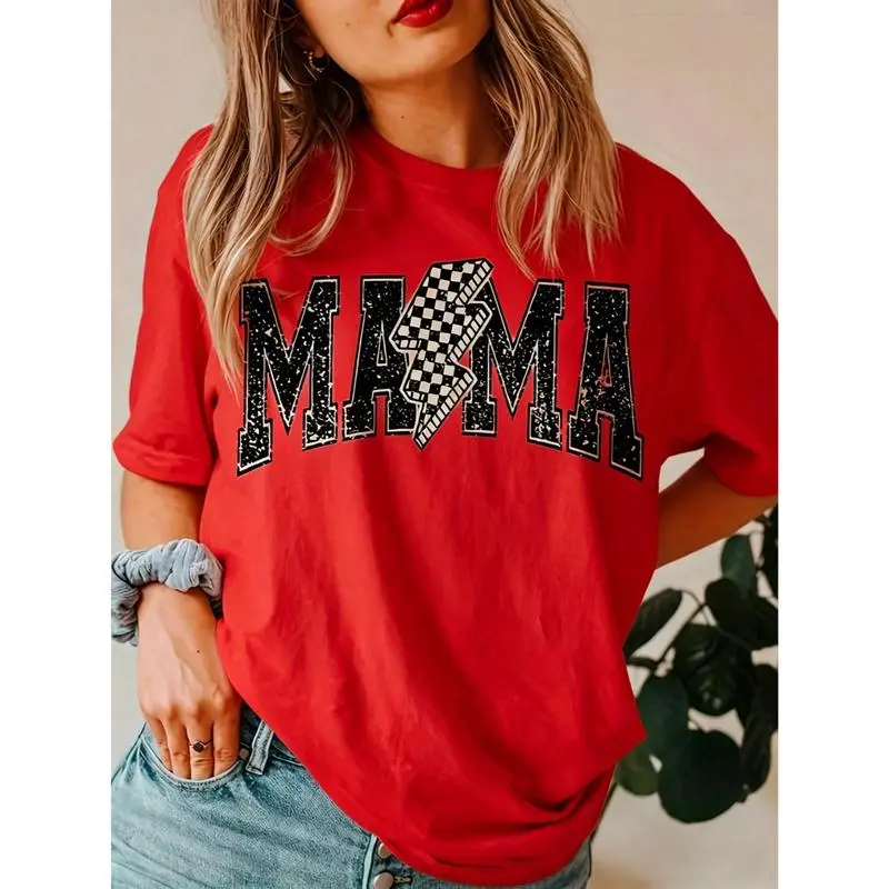 Loose Fit Graphic T-Shirt, Vintage Distressed MAMA Checkered Lightning Letter Printed Craft Tee, Soft Breathable Casual Short Sleeve Top, Trendy Mom Life Aesthetic Daily Wear For Men Women, Retro Mother Graphic Shirt For summervibes, Cool Mama Vibe Casual