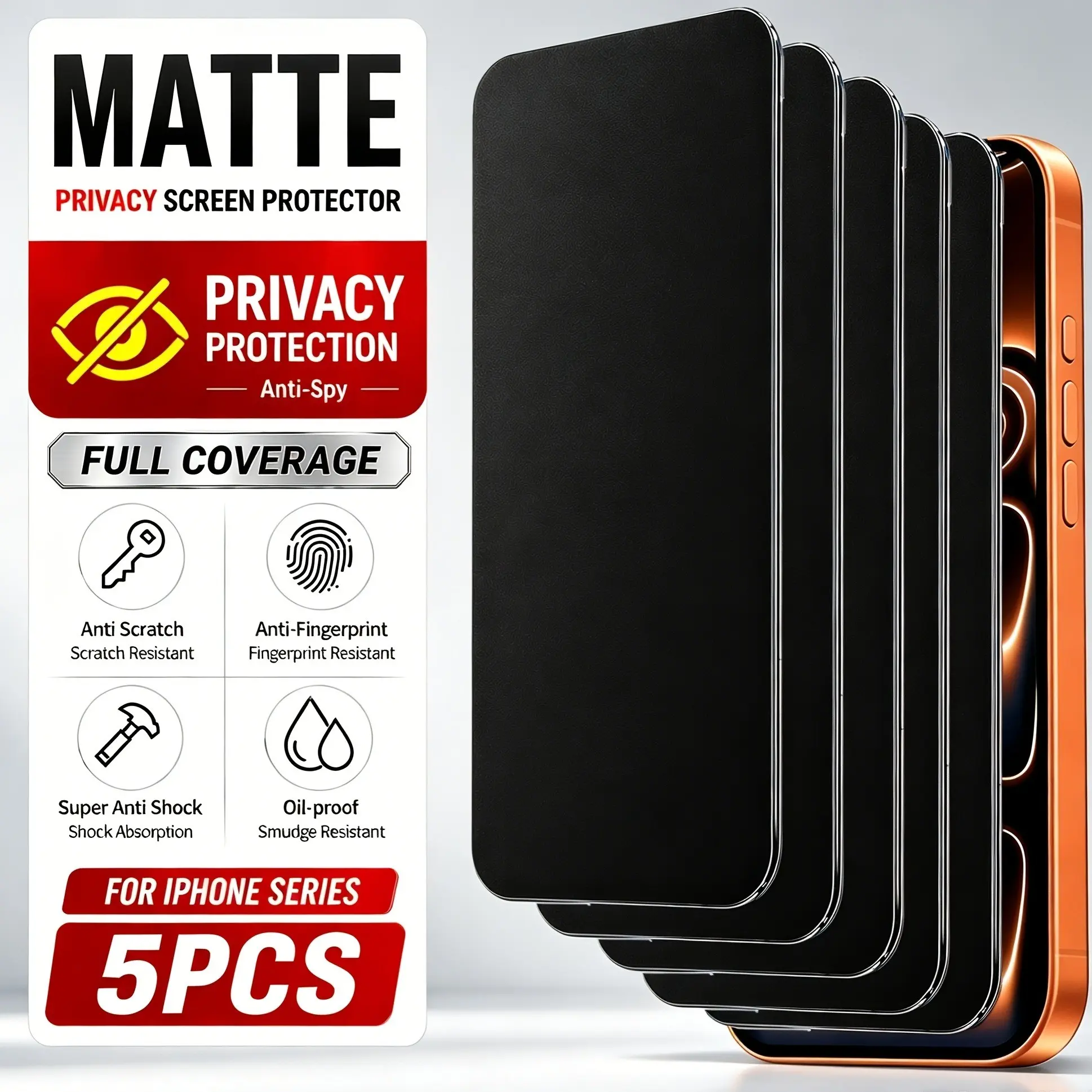 5 pcs Full Cover Matte Privacy Screen Protector For iPhone 17 Pro Max Air 17e 16 15 Pro 13 12 11 14 Pro Max Plus 16e Air XS X XR Anti-Spy Soft Film Phone Screen Protectors