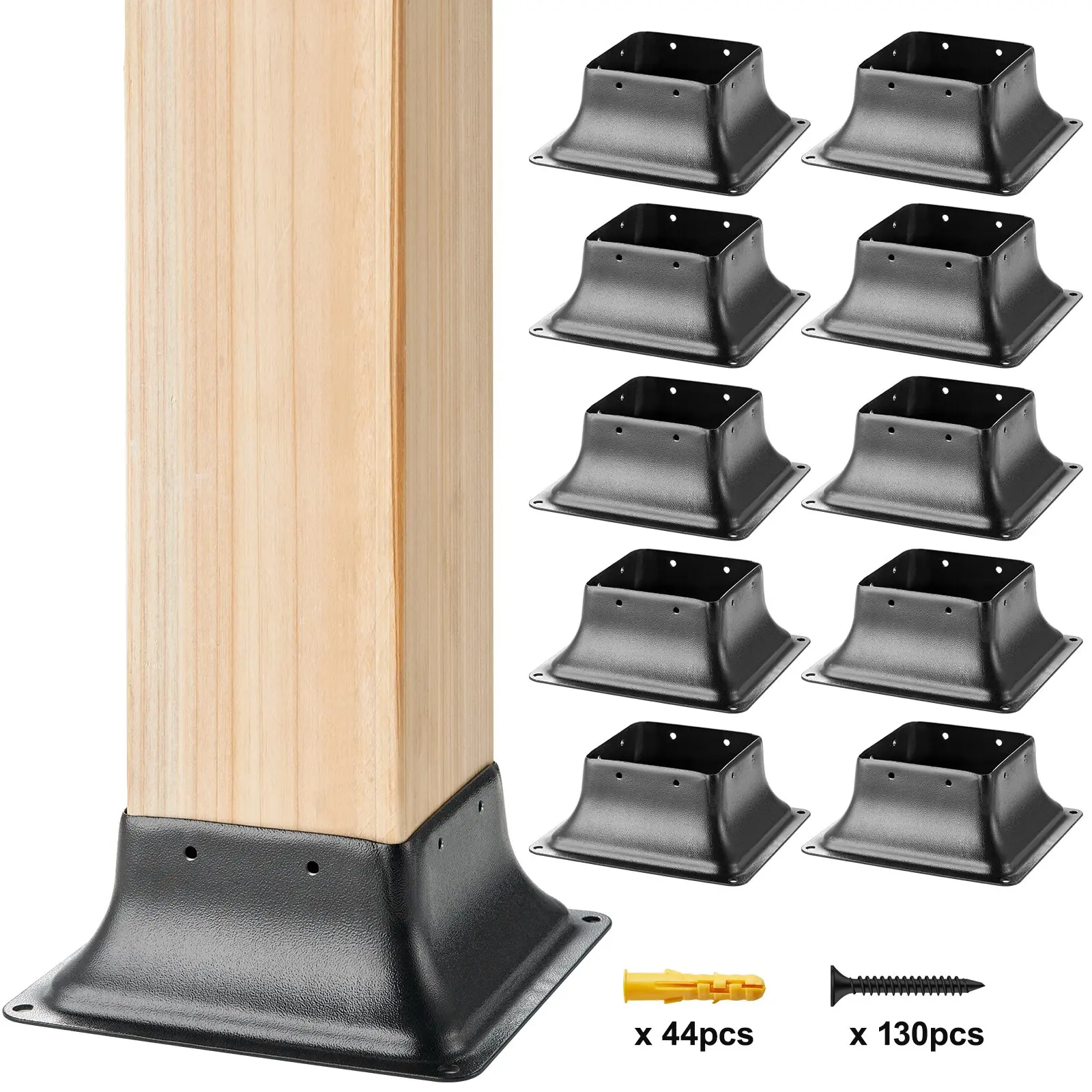 【toolupgrade】VEVOR 10-Piece 4x4 Heavy-Duty Powder-Coated Steel Post Base, 3.6"x3.6" Internal Durable Bracket with Concrete Screws, Safety Protection for Standard Wood Post Anchor, Deck Support