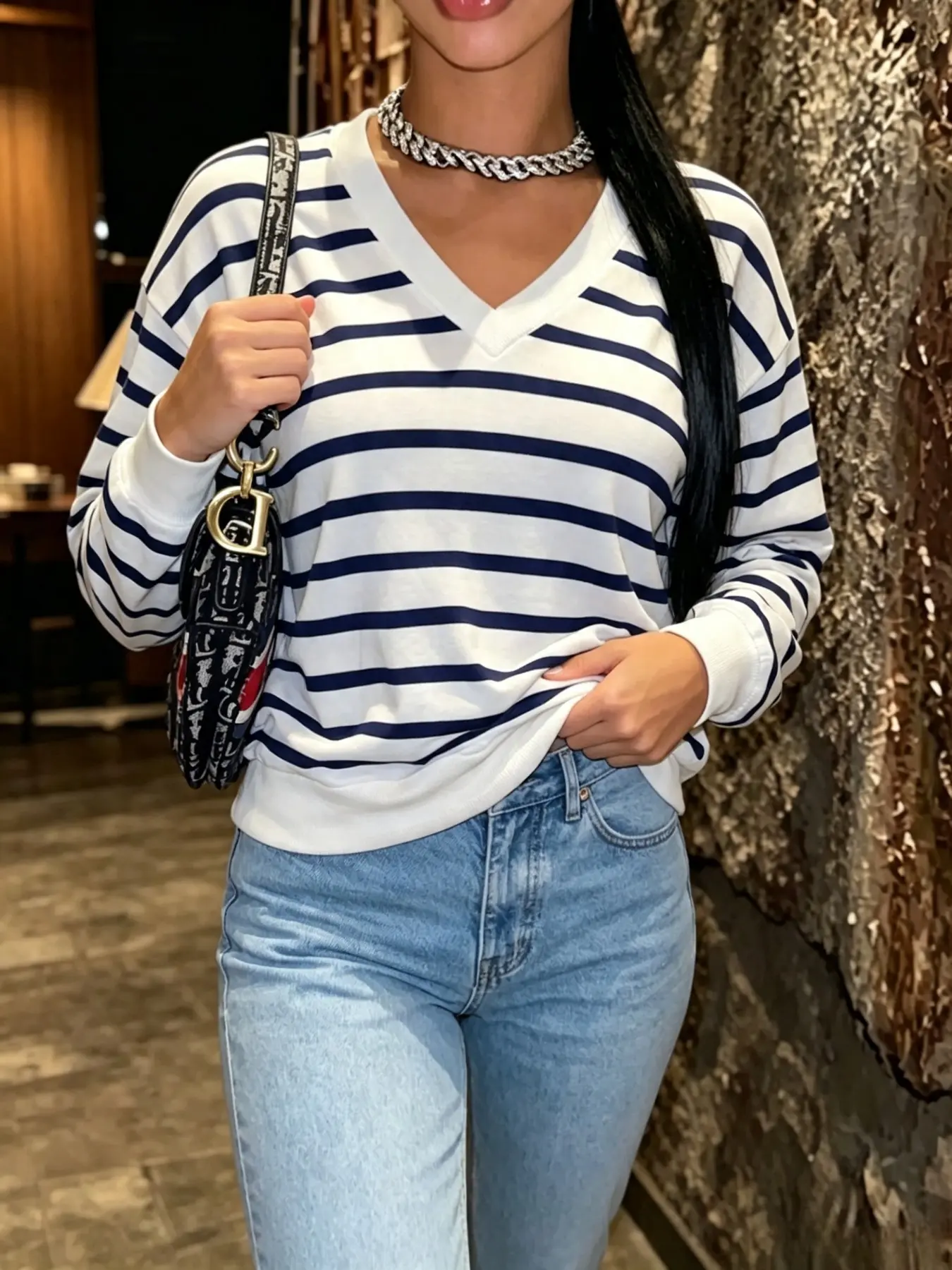 Trendy Women's Striped V-Neck Sweatshirt, Loose Shoulder Design, Long Sleeve, Spring & Fall, Casual Pullover, Comfortable & Stylish