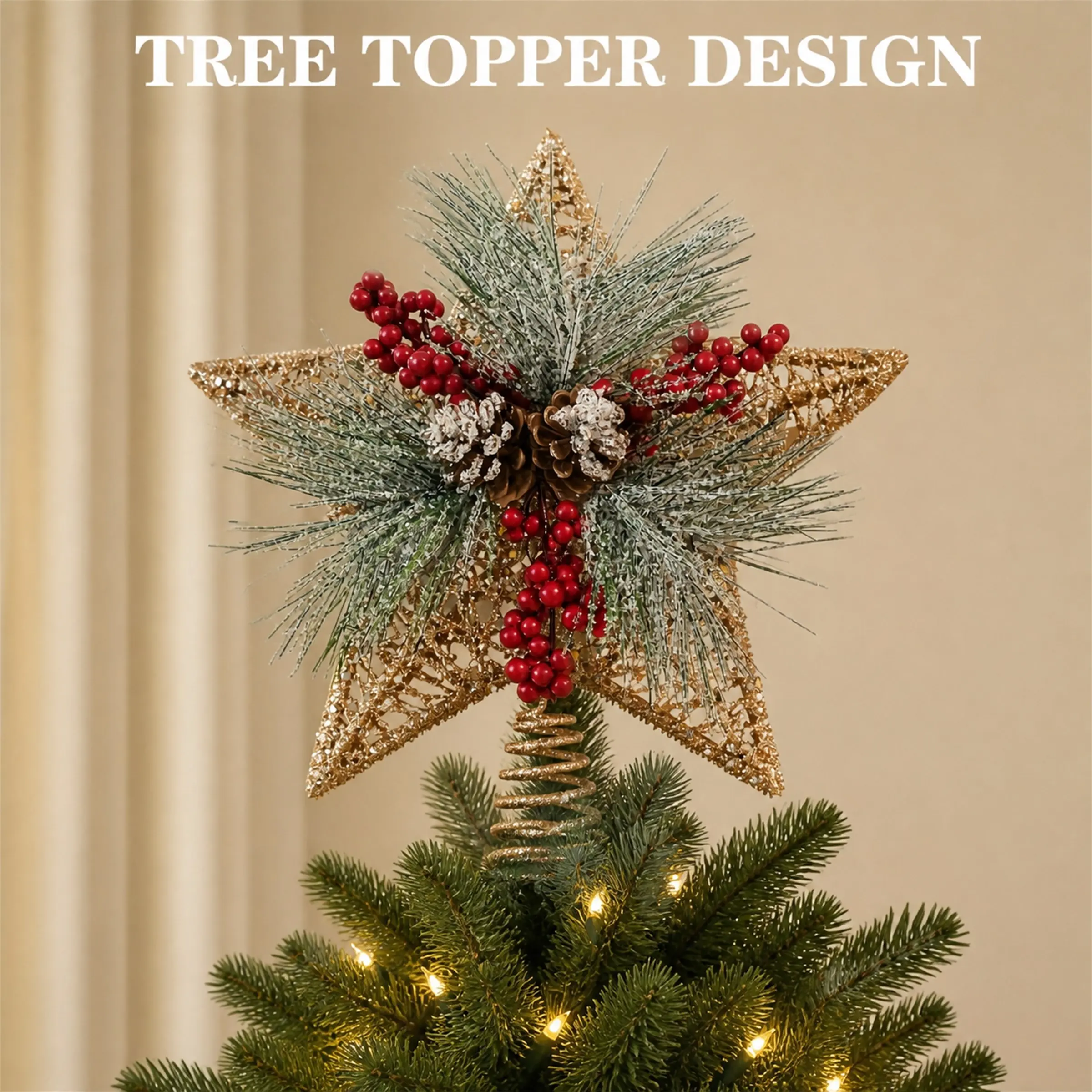 Christmas Tree Top Star Decoration, Hollow Sparkle Star with Pine Branches, Berries, and Cones, Festive Winter Decor