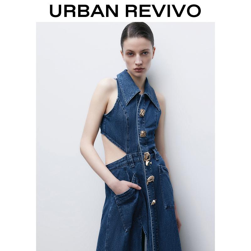 URBAN REVIVO Women's Casual Denim Dresses  Fashion Lapel Sleeveless Cut-Out Sides Slit with Big Pockets UWG850170