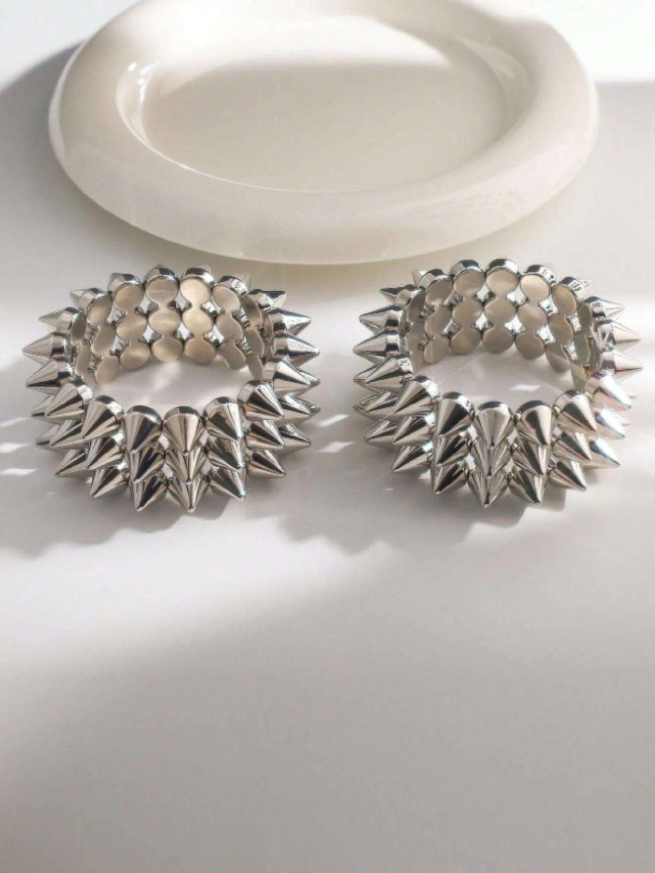 2pcs Punk Style Rivet Spikes Bracelet Set, Unisex Silver Color Edgy Design, Perfect for Daily Wear, Parties & Festivals, Trendy Jewellery Accessories