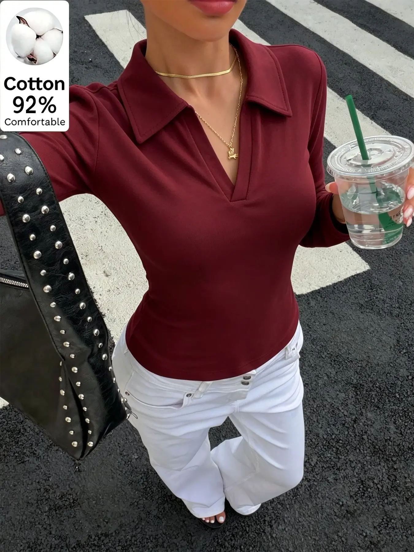 Fashion Polo V-Neck Slim Fit Long Sleeve Top, 92% Cotton Women's Street Style Basic T-Shirt, Elegant Casual Streetwear Shirt