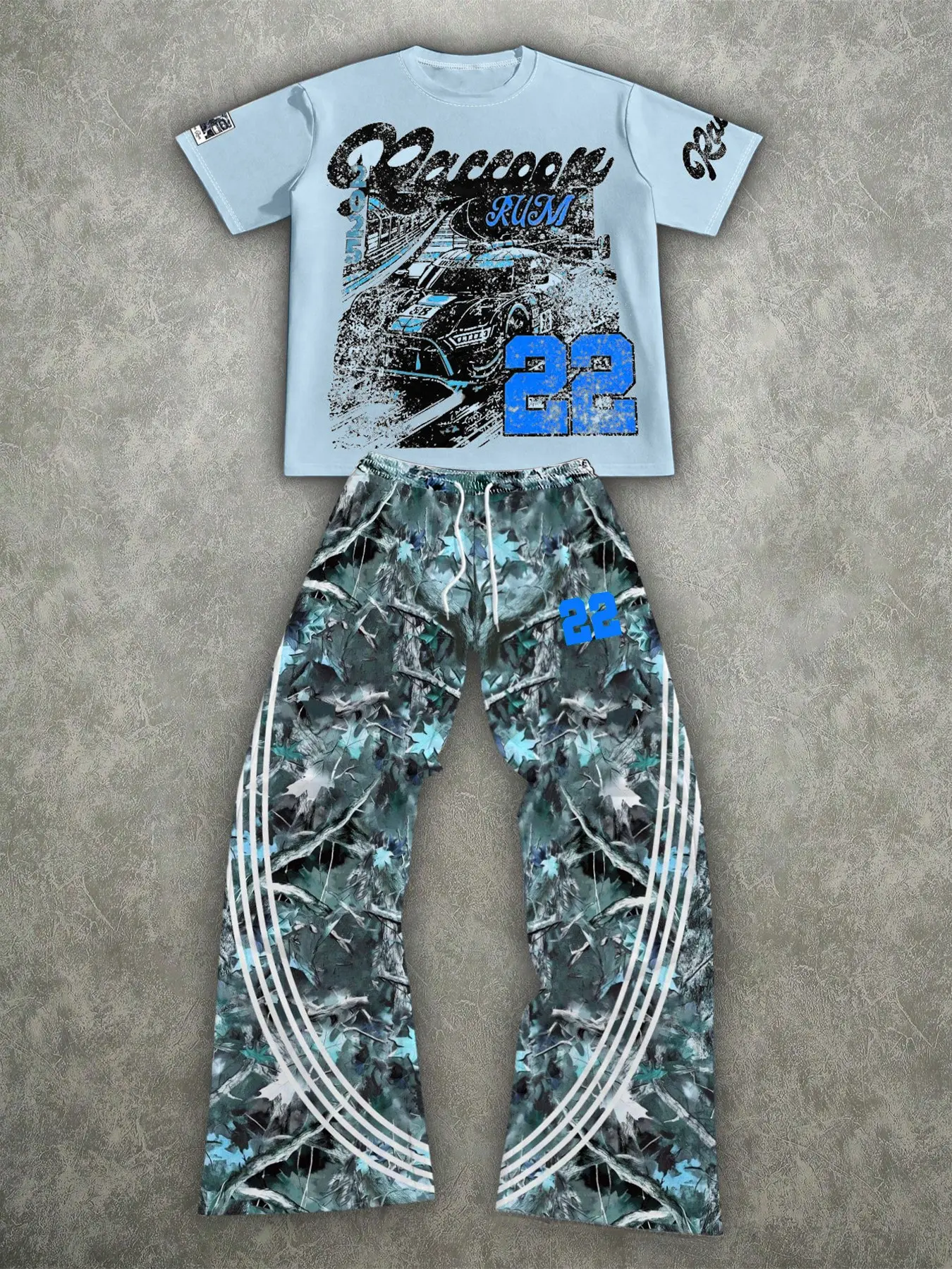 Unisex Retro American Style Two-Piece Set, Graphic Print Short Sleeve Tee + Camo Wide Leg Pants, Fashionable Streetwear