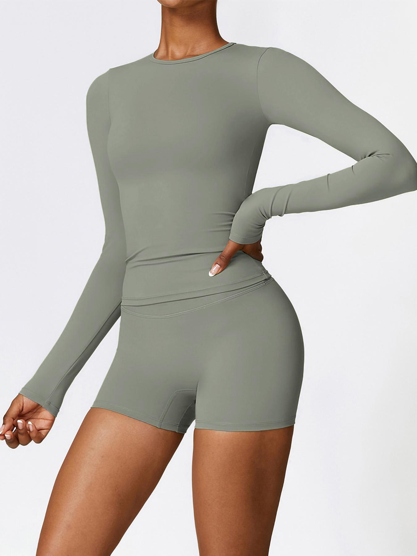 Women's Solid Tee & High Waist Skinny Shorts Sports Clothing Set Outfits for Yoga Gym Workout Running, Ladies Sportswear for All Seasons, Sports Activewear Set, Gym Sets