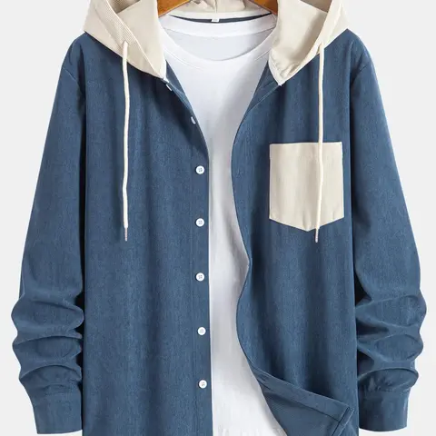 Men's Patchwork Button Front Corduroy Hooded Jacket, Drawstring Hooded Coats, Casual Regular Fit Long Sleeve Drawstring for Fall & Winter, Men's Clothes for Daily Wear, Casual Jackets