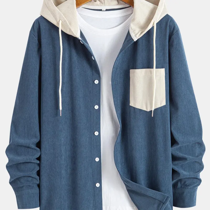 Men's Patchwork Button Front Corduroy Hooded Jacket, Drawstring Hooded Coats, Casual Regular Fit Long Sleeve Drawstring for Fall & Winter, Men's Clothes for Daily Wear, Casual Jackets