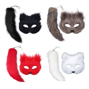 Halloween Cosplays Costume Faux Furs Foxes Tail Cats Mask Therian Mask and Tail