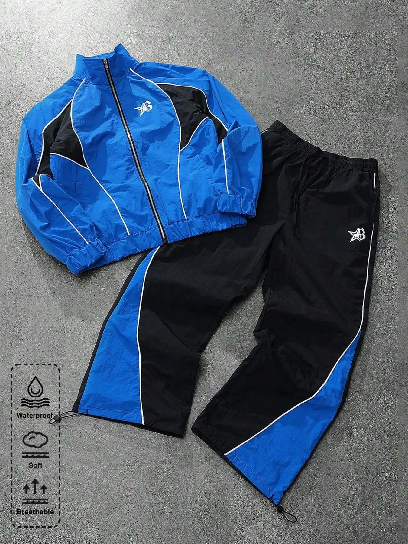 Men's blue and black color-block two-piece tracksuit, zipper jacket & wide-leg pants set, lightweight, slightly waterproof and breathable fabric, perfect for street style, campus outings, weekend gatherings, and everyday workouts.