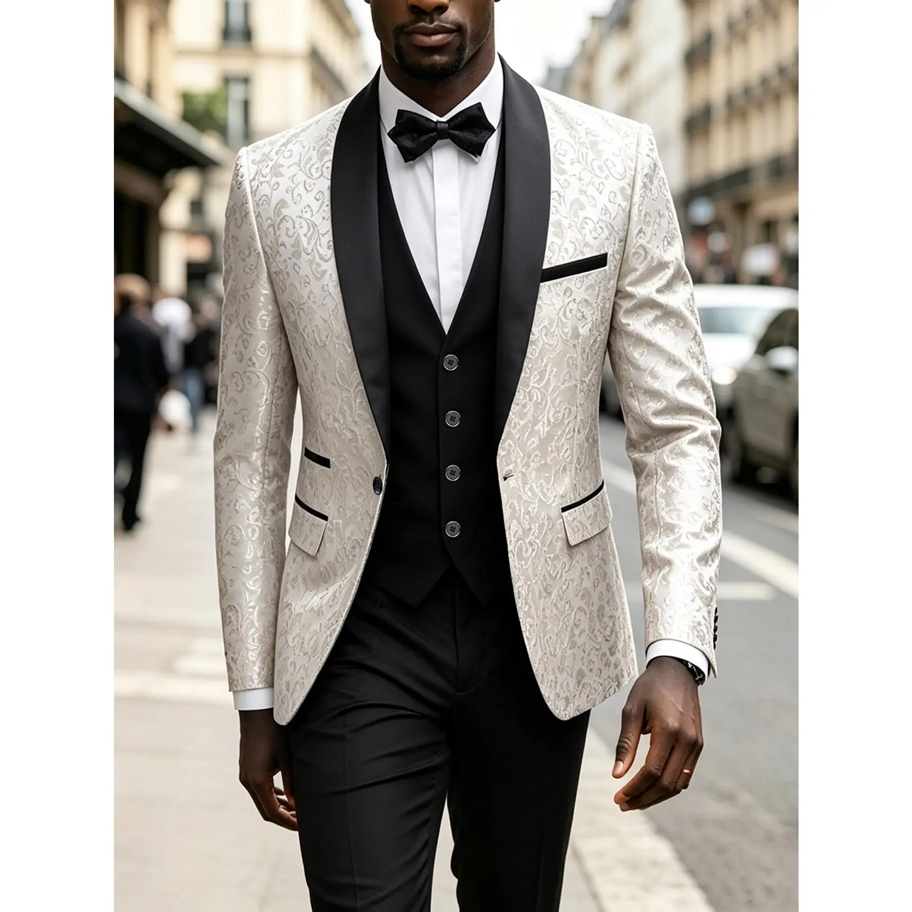 Men’s 3-Piece Elegant Paisley Jacquard Tuxedo Suit Set - Polyester Formal Menswear, Long Sleeve Shawl Collar Blazer, Black Vest & Pants, Basics for Wedding, Prom, Evening Events, Dry Cleaning/Hand Wash Compatible, Chic, Split
